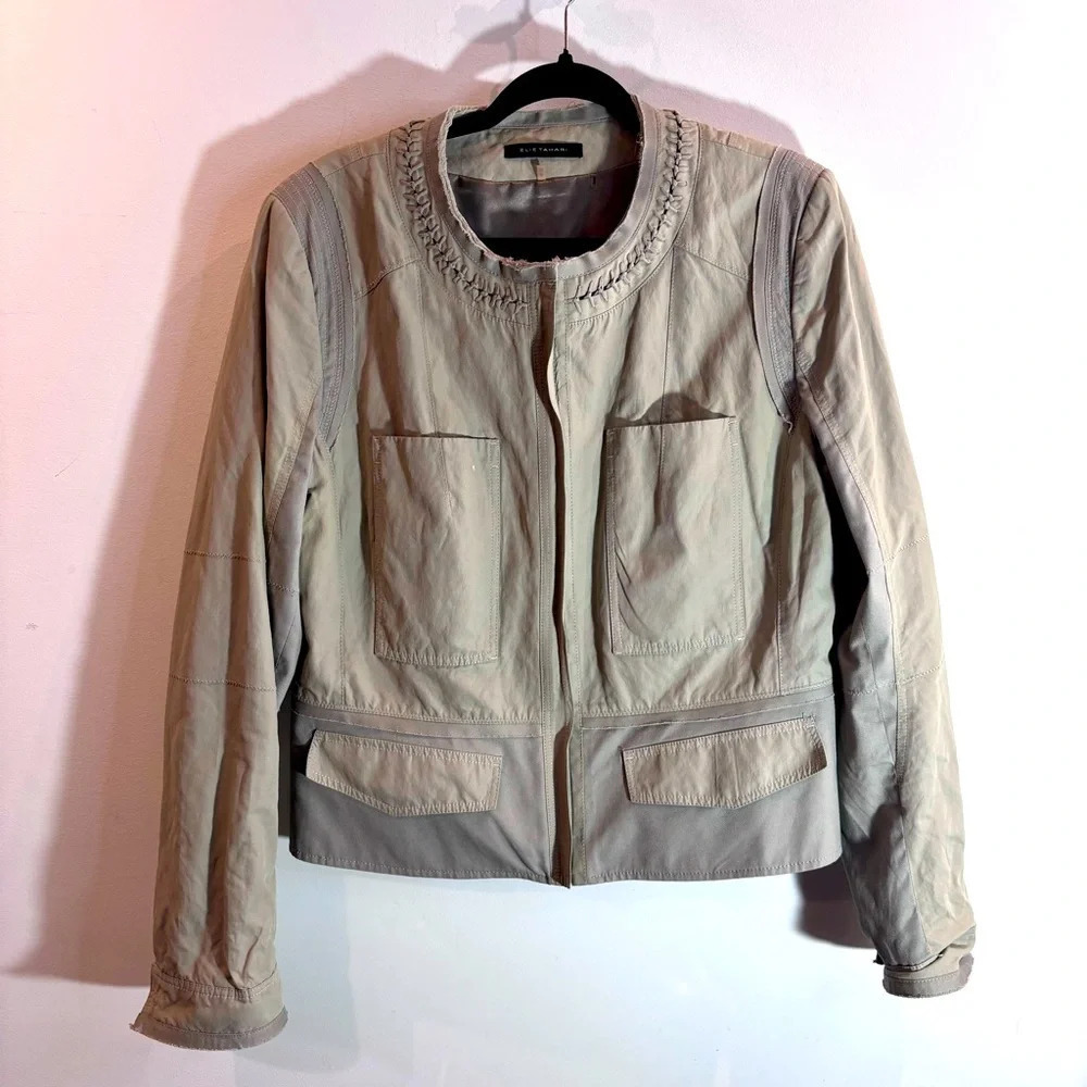 ELIE TAHARI Sz XL Jacket Raw Hem Multiple Pockets Zipper Closure Peplum Canvass